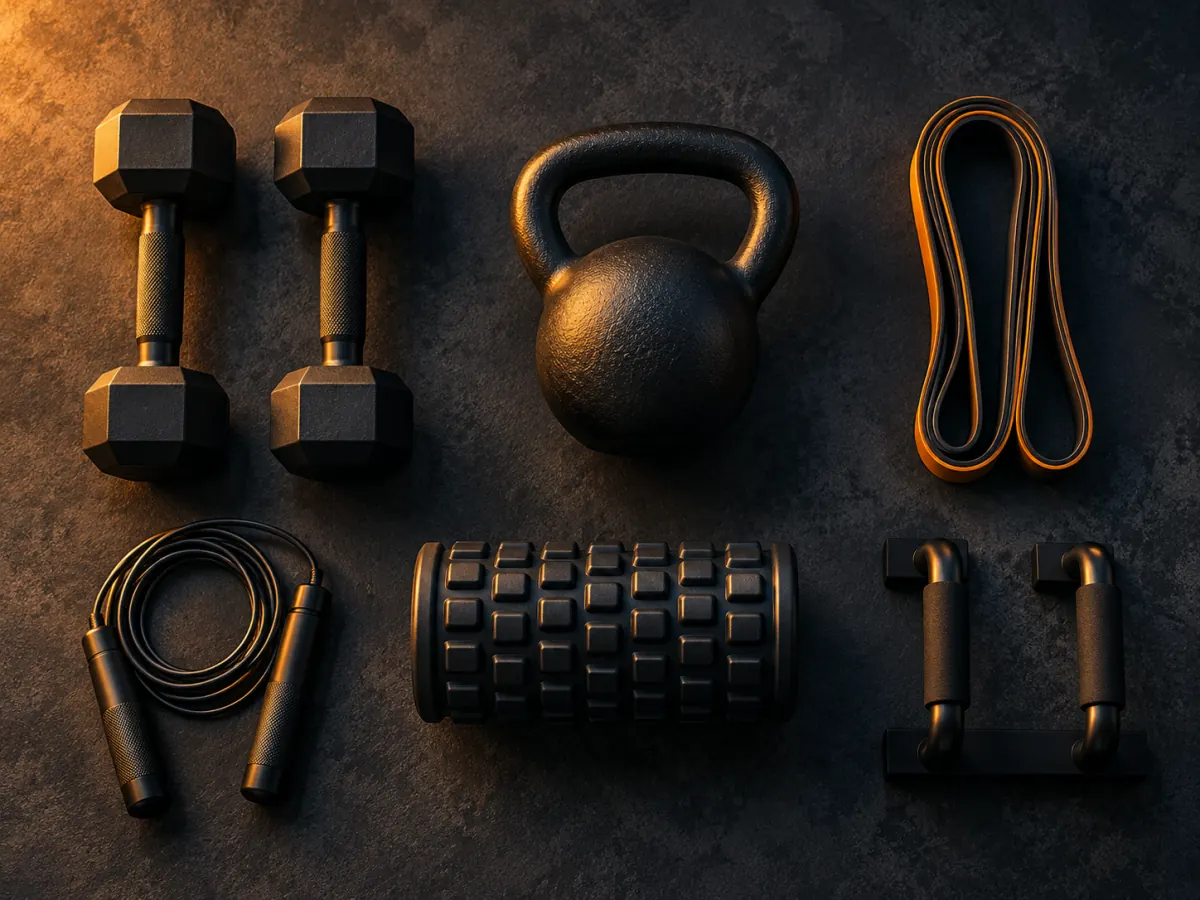 Home workout equipment laid out on dark concrete