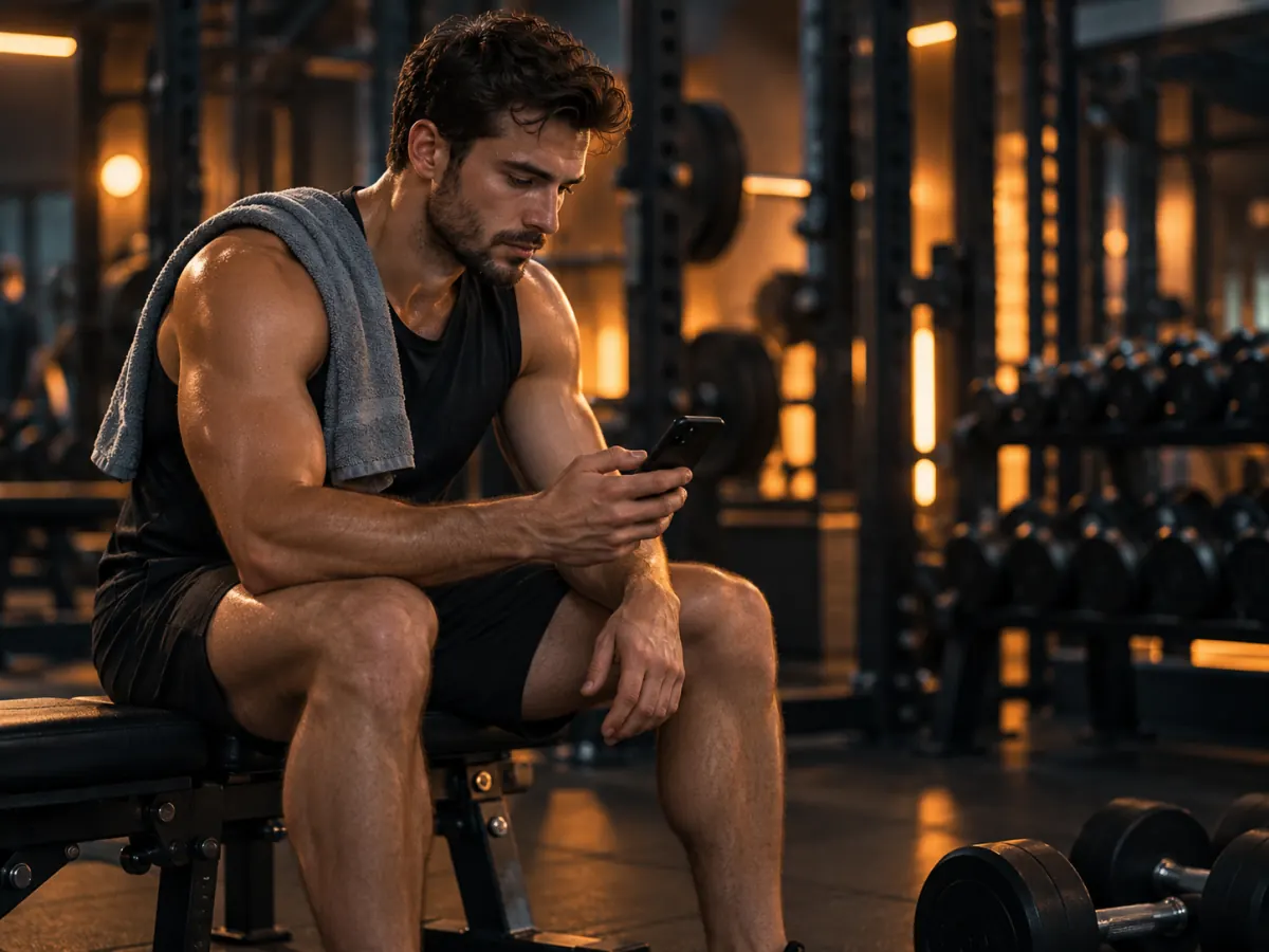 Athlete resting on a bench and checking a phone between sets